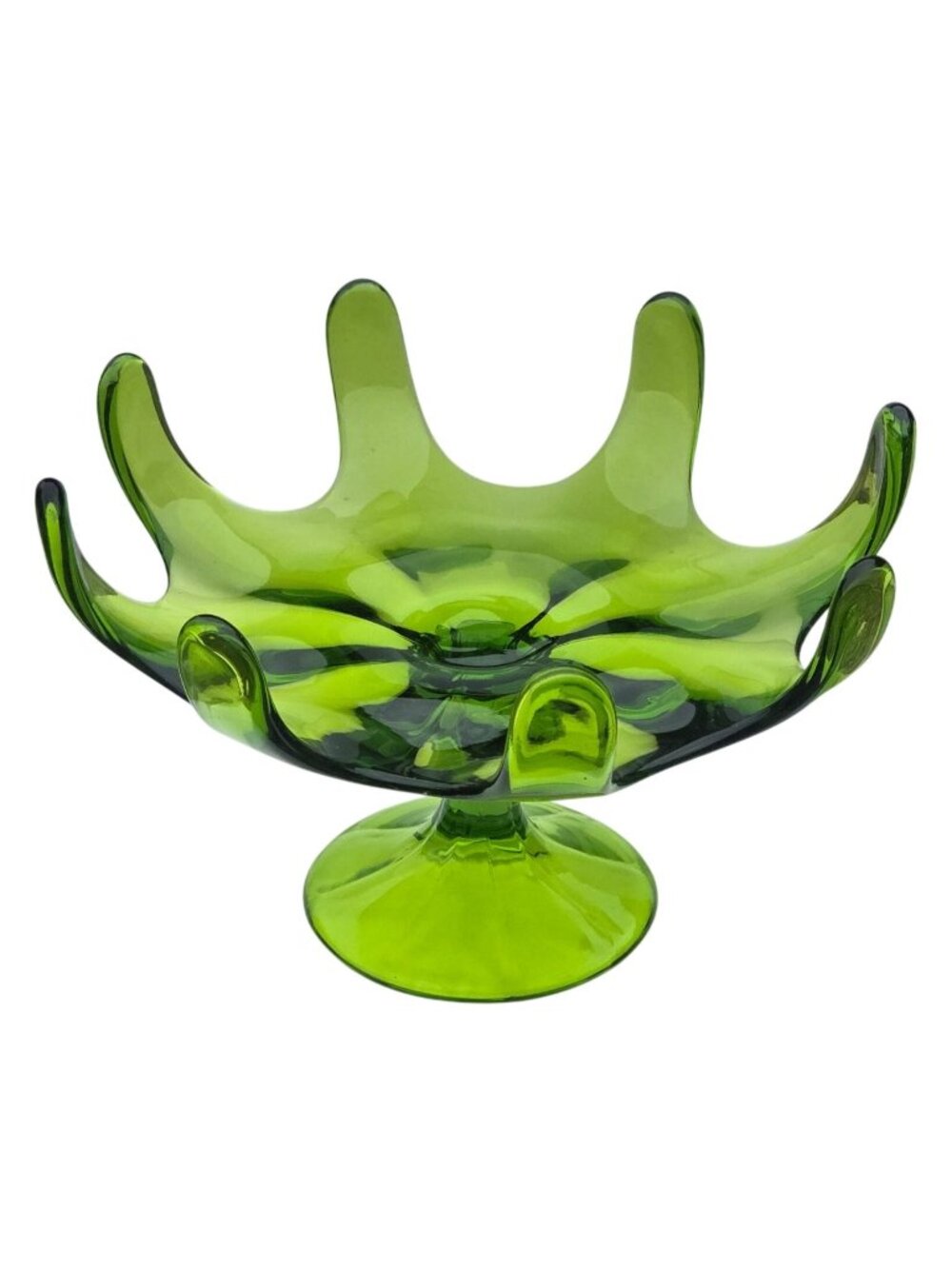 Viking 8 Petal Green Glass Pedestal Fruit Bowl Dish MCM Lotus Mid Century Modern